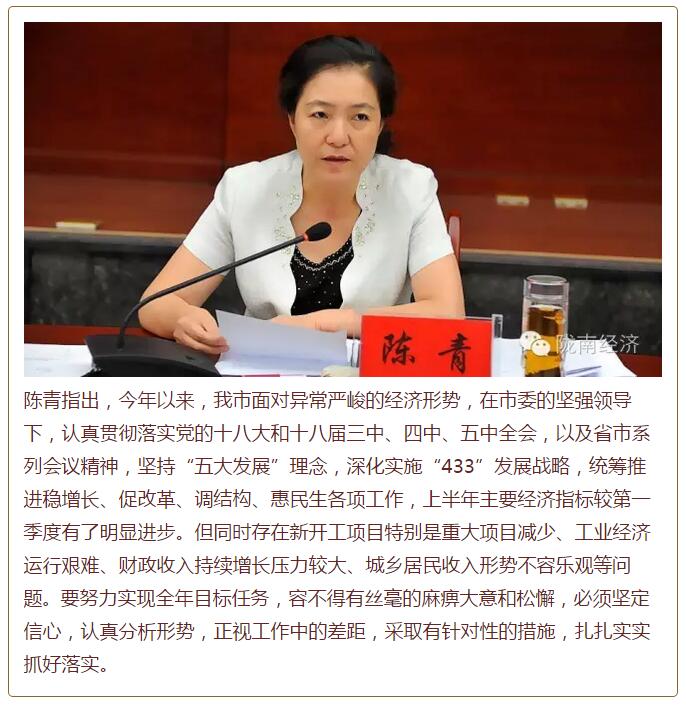 陳青在市政府全體會議上強(qiáng)調(diào)：緊盯一個目標(biāo)抓好九大任務(wù)落實強(qiáng)化三項保障，確保全市經(jīng)濟(jì)社會持續(xù)快速發(fā)展